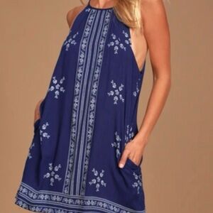 Lulus Embroidered Mediterranean Sea Navy Blue Print Dress Size Medium